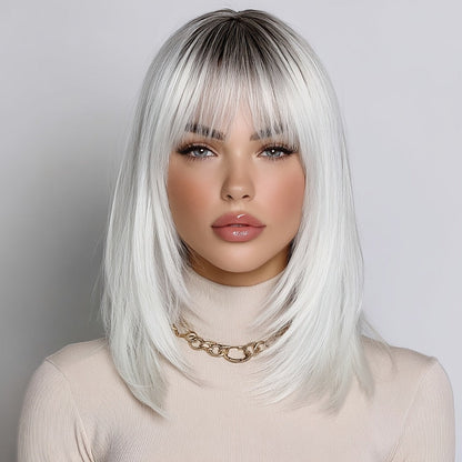 Synthetic Wig 16-Inch White Gradient Straight Style with Bangs and Glueless Rose Net Cap for Cosplay
