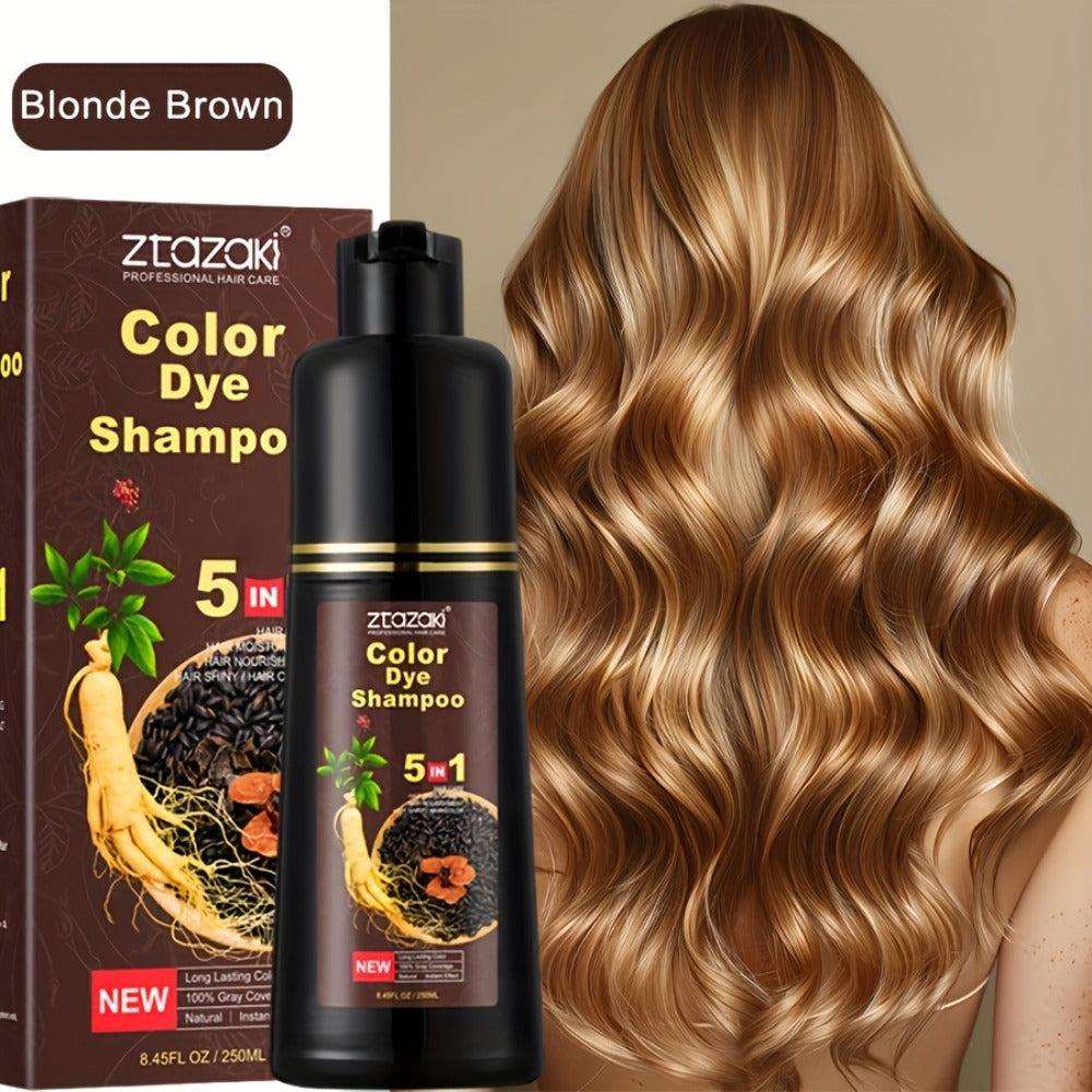 Hair Color Shampoo, ZTAZAKI 5-in-1 250ml Bottle with Six Black, Coffee and Brown Color Options