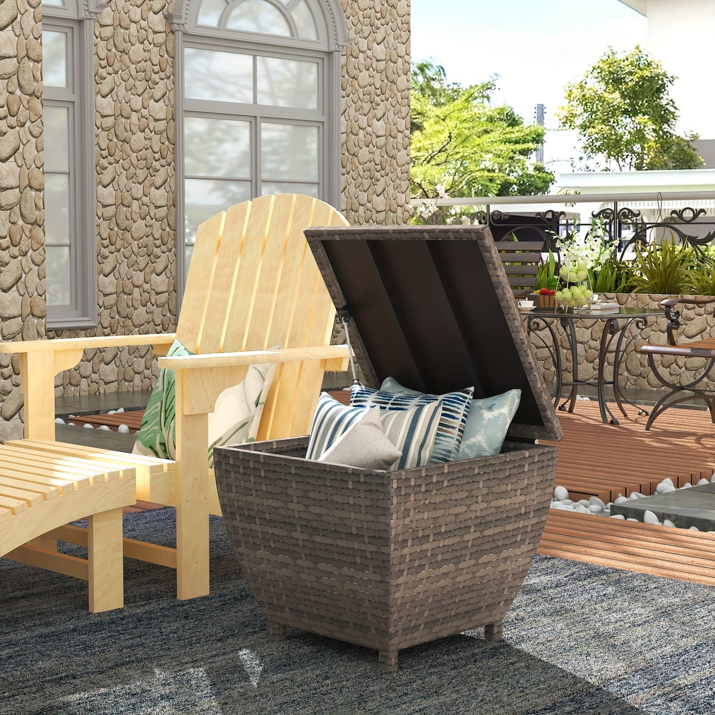 PE Wicker Outdoor Storage Box Side Table, Flip-Top Lid