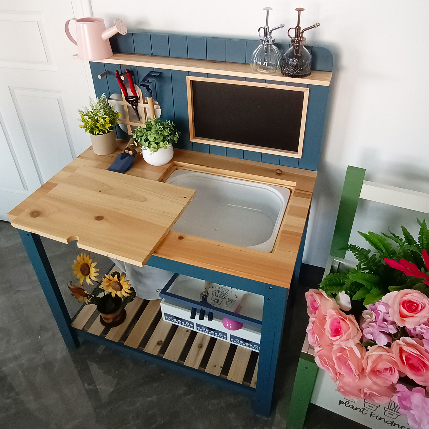 Potting Bench Table Cedar Wood Garden Workstation with Blackboard Removable Sink Hooks Double Shelf for Patio Balcony Courtyard Outdoor Planting Work Bench