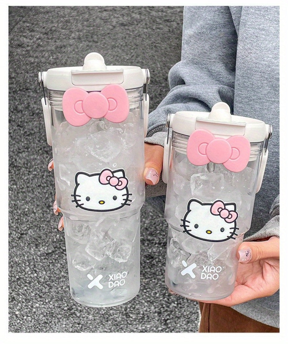 Hello Kitty Water Bottle with Straw 30 Oz – Large Capacity Cartoon Tumbler for Women & Girls – Portable Outdoor Sports Cup with Bow & Sticker – Cute Kawaii Plastic Drinkware Gift