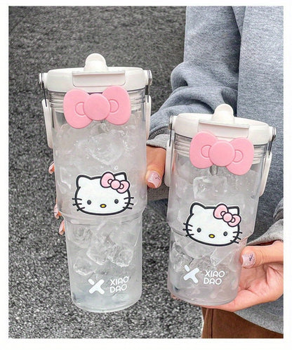 Hello Kitty Water Bottle with Straw 30 Oz – Large Capacity Cartoon Tumbler for Women & Girls – Portable Outdoor Sports Cup with Bow & Sticker – Cute Kawaii Plastic Drinkware Gift