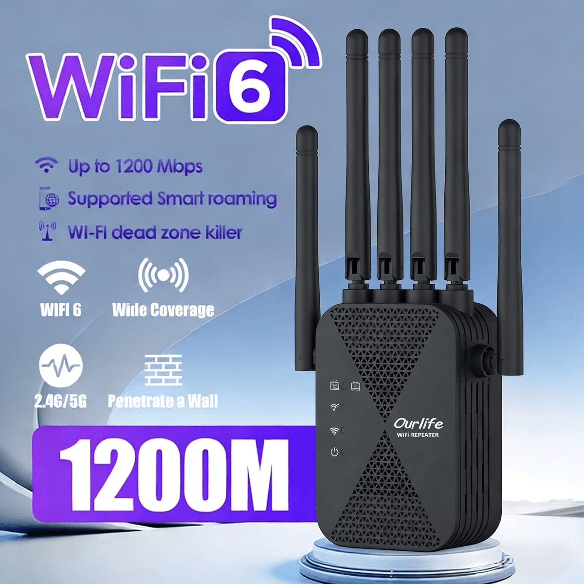 WiFi Extender 1300Mbps Dual Band AP & Relay Mode - 4 Powerful Antennas Full House Coverage, Ethernet Port