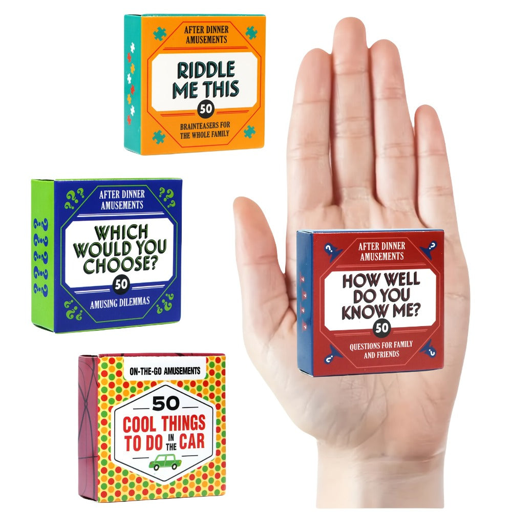 After Dinner Amusements Card Game Set with Four Mini Boxes and 200 Total Prompts Across Four Themes