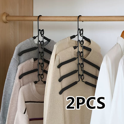 Five-Tier Cascading Clothes Hanger Organizers with Padded Arms in a Two-Piece Black Set for Closets