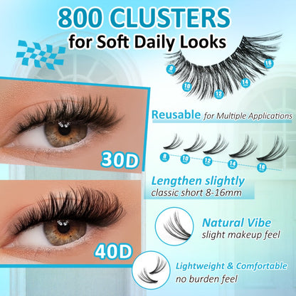 800-Piece 30D and 40D Lash Cluster Kit with Mixed 8–16mm Lengths, Bond-Seal Tube and Tweezers