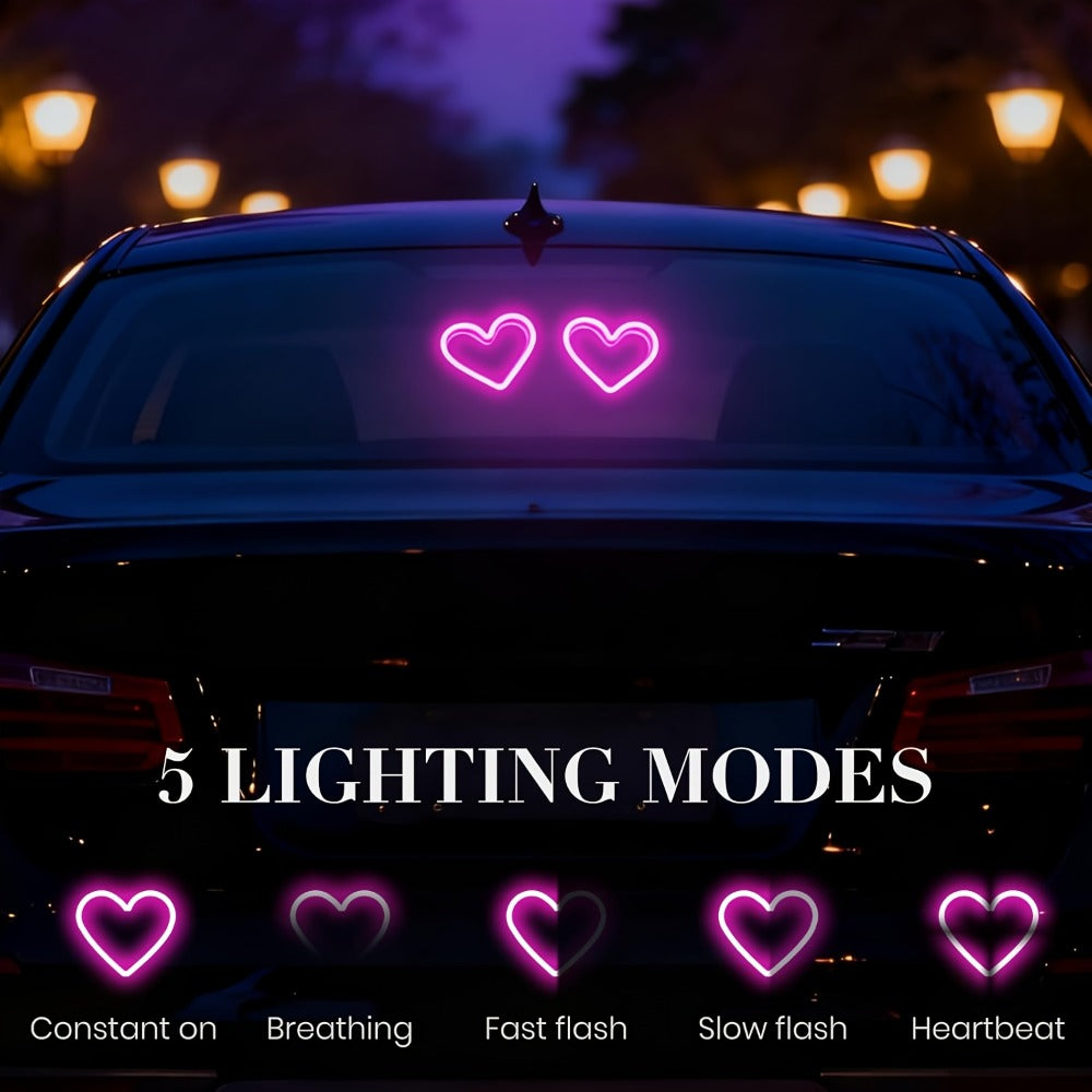 Car Interior Neon Heart Lights Solar USB Rechargeable 5 Lighting Modes Vibration-Sensing Auto On/Off Dashboard Decoration for Cars Trucks SUVs, 2pcs Set Iridescent Pink Blue Red Ice Blue Gift