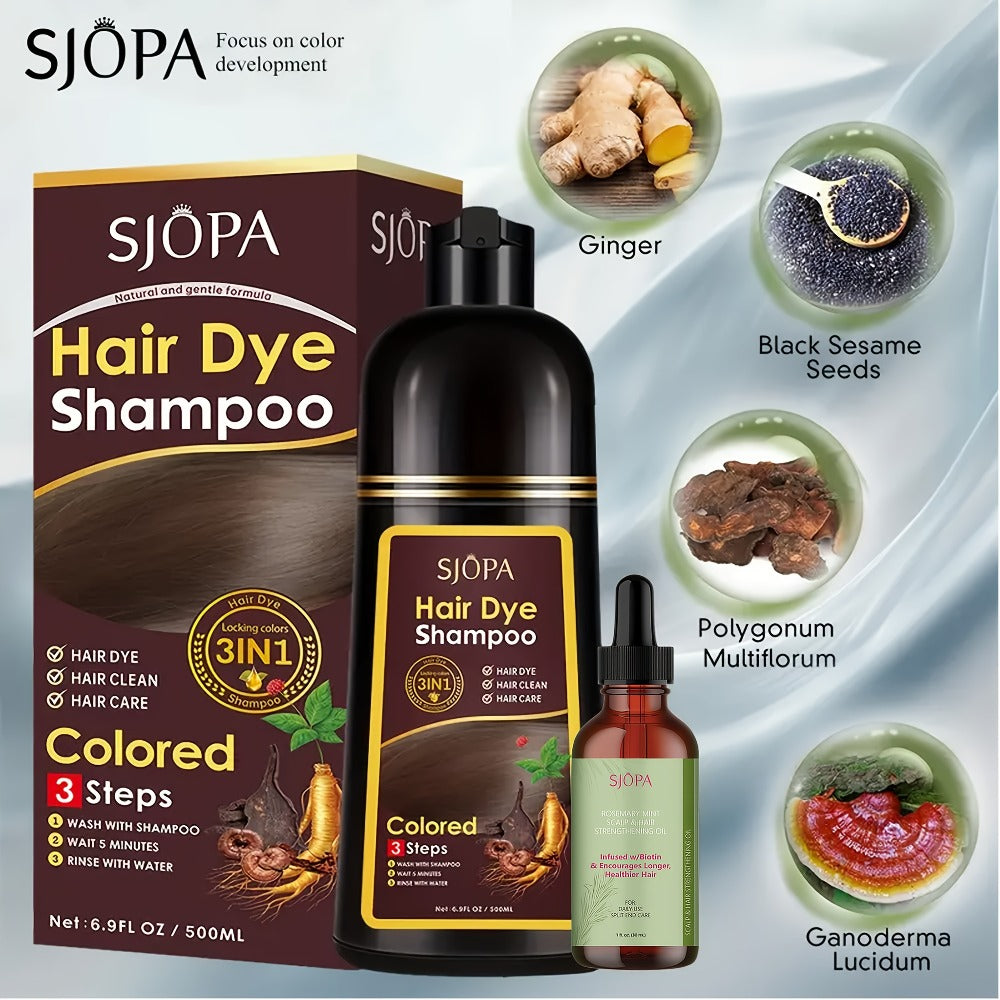 Hair Dye Shampoo, SJOPA 500ml Bottle and Rosemary Hair Oil Set with Seven Color Options for At-Home Color Selection