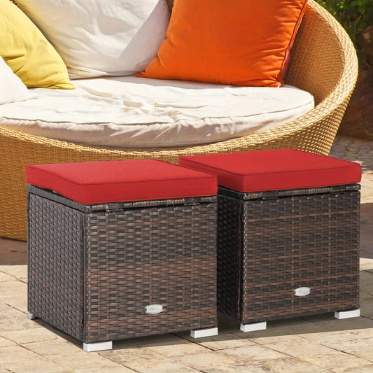 Outdoor Wicker Ottoman Set of 2 with Hidden Storage – PE Wicker Footstools with Detachable Cushions, Side Table & Extra Seating for Patio, Garden & Poolside