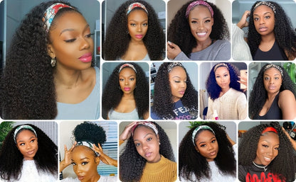 Kinky Curly Headband Human Hair Wig in Natural Color with 14-, 16- or 20-Inch Length Options