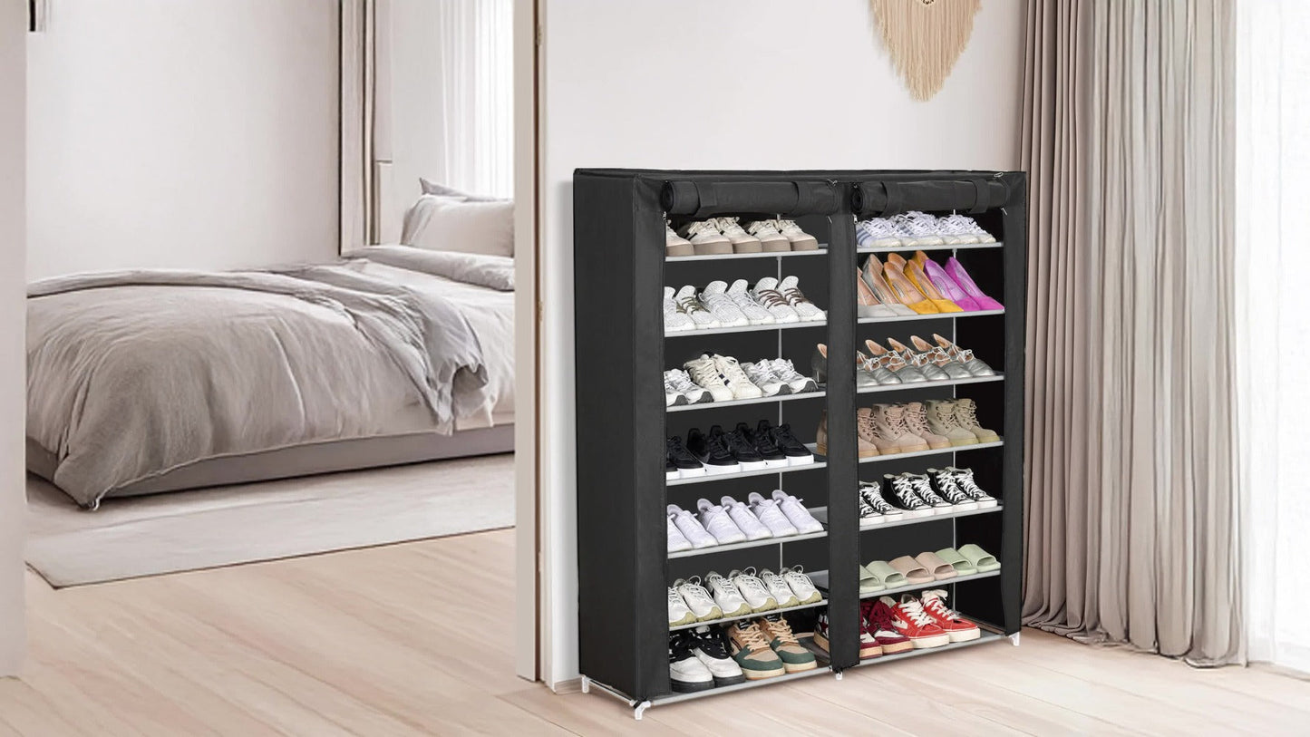 Shoe Rack 9-Tier Portable Double-Row Organizer for Up to 42 Pairs with Black Nonwoven Fabric Cover