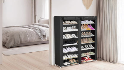 Shoe Rack 9-Tier Portable Double-Row Organizer for Up to 42 Pairs with Black Nonwoven Fabric Cover