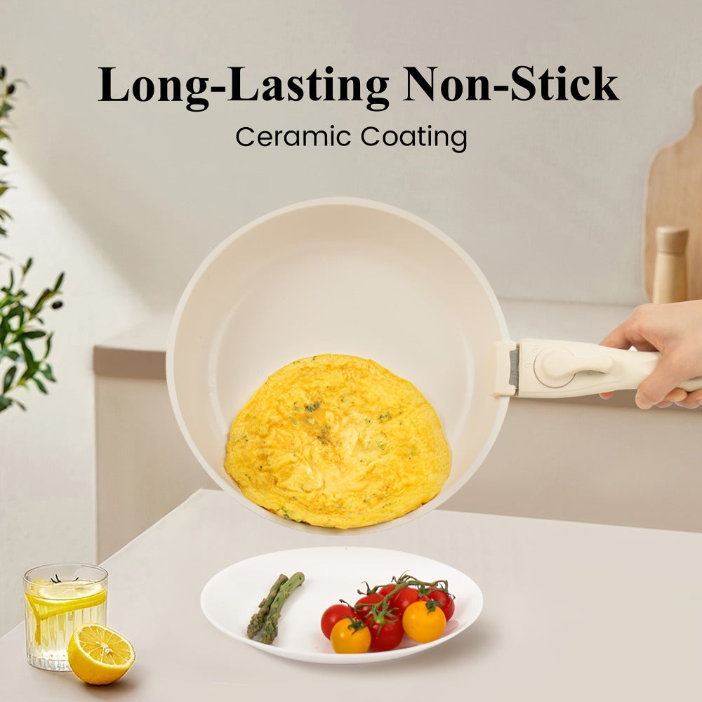 Ceramic-Coated Cookware Set with 17 Pieces, Detachable Handles, Pots, Pans, Lids and Cream Finish