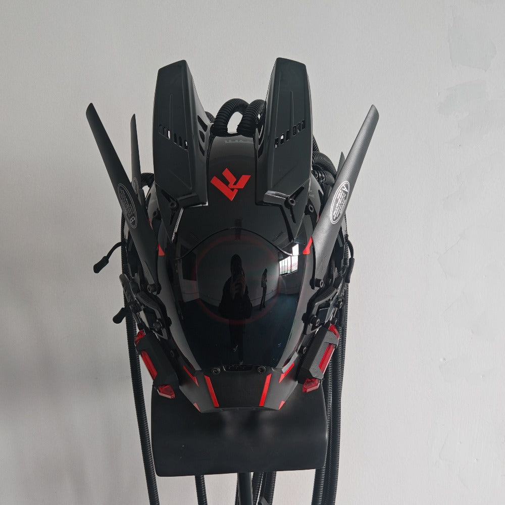 LED Braided Cyberpunk Costume Helmet with Circular Face Light and Blue, Green or Pink Accent Styles