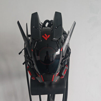 LED Braided Cyberpunk Costume Helmet with Circular Face Light and Blue, Green or Pink Accent Styles