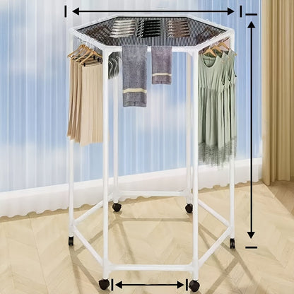 Rotating Hexagonal Garment Rack with Six-Sided Hanging Frame, Casters and Black or White Mesh-Bag Options