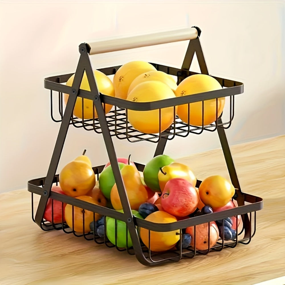 Freestanding Tiered Metal Wire Storage Basket with Wood-Tone Top Handle in Two- or Three-Tier Options