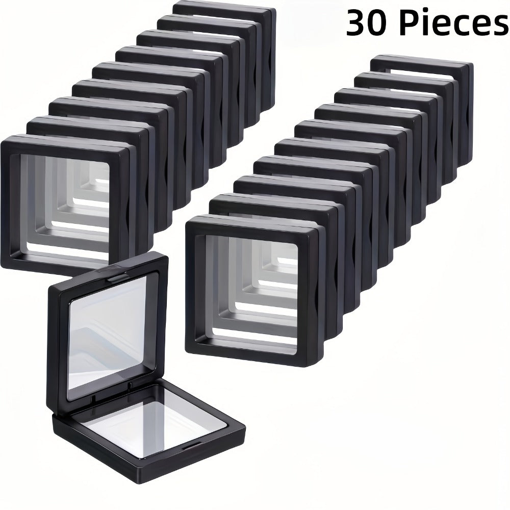 3D Floating Jewelry Display Box Bulk Set | Black Plastic Frame Clear Acrylic Panel Fabric-Lined Organizer for Jewelry Coins Collectibles – Secure Clasp Closure – 30 or 60 Pieces
