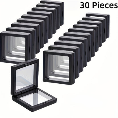3D Floating Jewelry Display Box Bulk Set | Black Plastic Frame Clear Acrylic Panel Fabric-Lined Organizer for Jewelry Coins Collectibles – Secure Clasp Closure – 30 or 60 Pieces