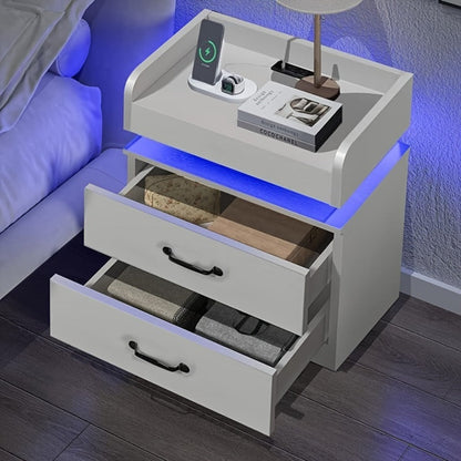 Small Nightstand with USB Charging Station & LED Lights, Compact Bedside Table with Drawer, Under 27 Inch Floor Mount