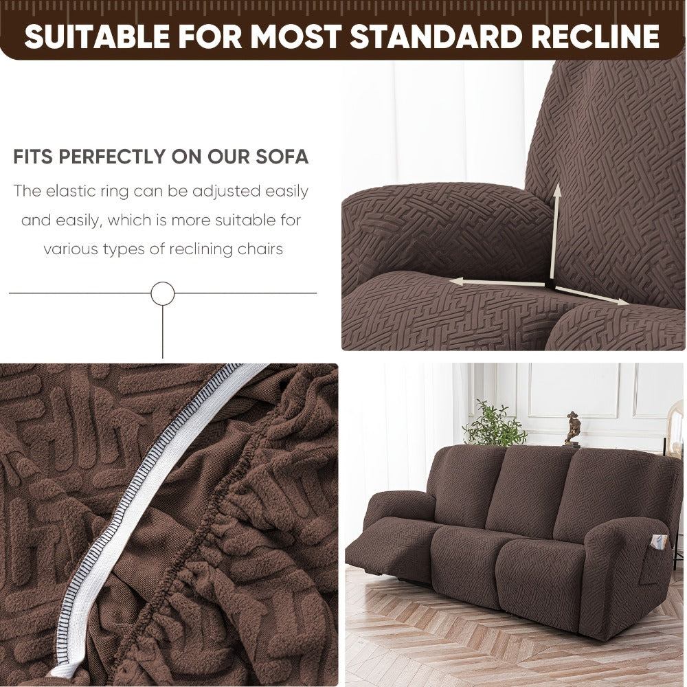 Slipcover Set, Eight-Piece Jacquard Stretch Cover for Three-Seat Recliner with Side Pocket in Nine Colors