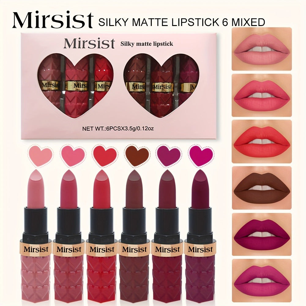 Lipstick Set, Mirsist 6-Piece Silky Matte Bullet Collection in Nude, Red, Brown, Berry and Plum Colors