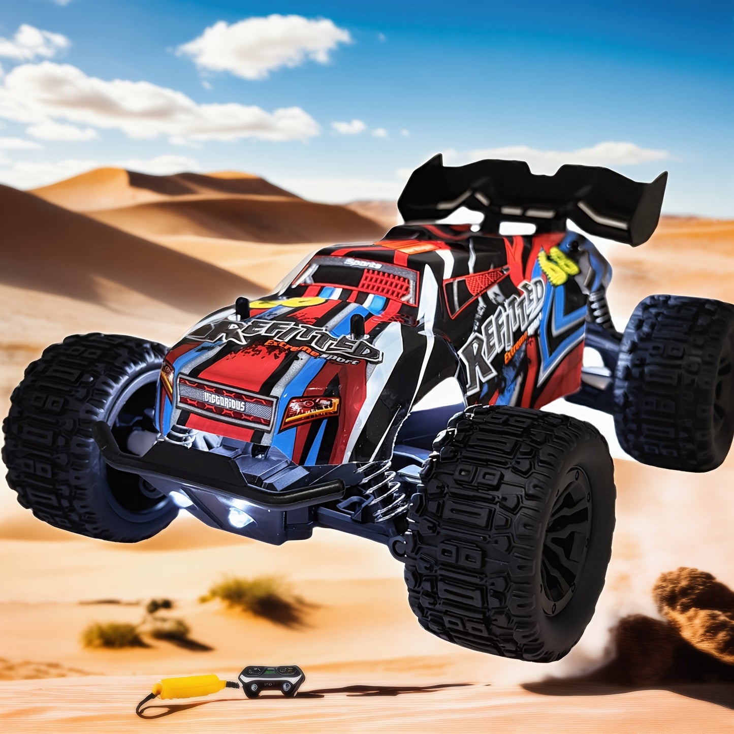 Remote Control Car, Red 4WD Monster Truck with 2.4GHz Control, Large Off-Road Tires and Four-Wheel Drive Layout