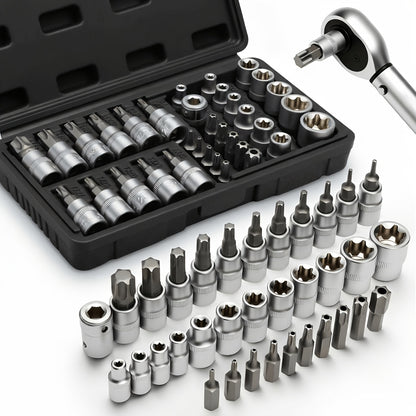 Torx Star Bit Socket Set 34/46-Piece - 3/8" Drive CR-V E-Socket E4-E20, T10-T60, Tamper-Proof TT10-TT55, S2 Steel, 5/16"F to 3/8"M Adapter, Storage Case - For Car, Truck & Home Improvement