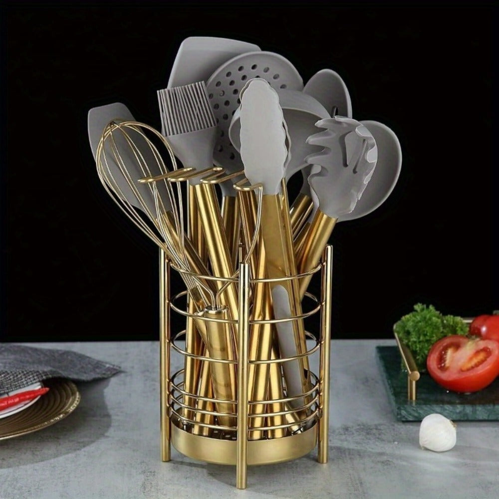 38-Piece Gold-Tone Silicone and Steel Kitchen Utensil Set with Holder, Measuring Tools and Accessories