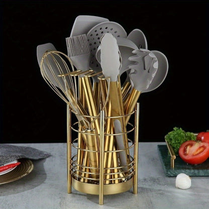 38-Piece Gold-Tone Silicone and Steel Kitchen Utensil Set with Holder, Measuring Tools and Accessories