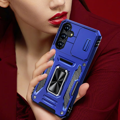 Samsung Galaxy Shockproof Magnetic Phone Case with 360° Rotating Ring Bracket & Sliding Lens Protector – Heavy Duty Cover for S24FE S23FE S22 S21FE Ultra A55 A54 A35 A34 A25 A24 A16 A15 A14 A06 A05 A05S 5G