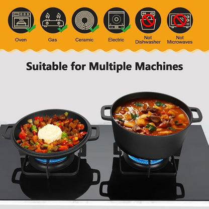 Cast Iron Dutch Oven Set 5.1QT & 7QT with Skillet Lid – Pre-Seasoned 2-in-1 Cookware for Stovetop, Induction, Oven, Campfire & BBQ, Sourdough Bread Baking, Frying, Camping