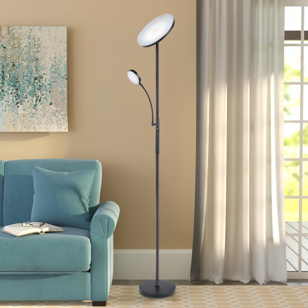 Dual-Head Torchiere Floor Lamp with 27W Main Light, 7W Reading Arm, Four Color Temperature Modes and Remote or Touch Control