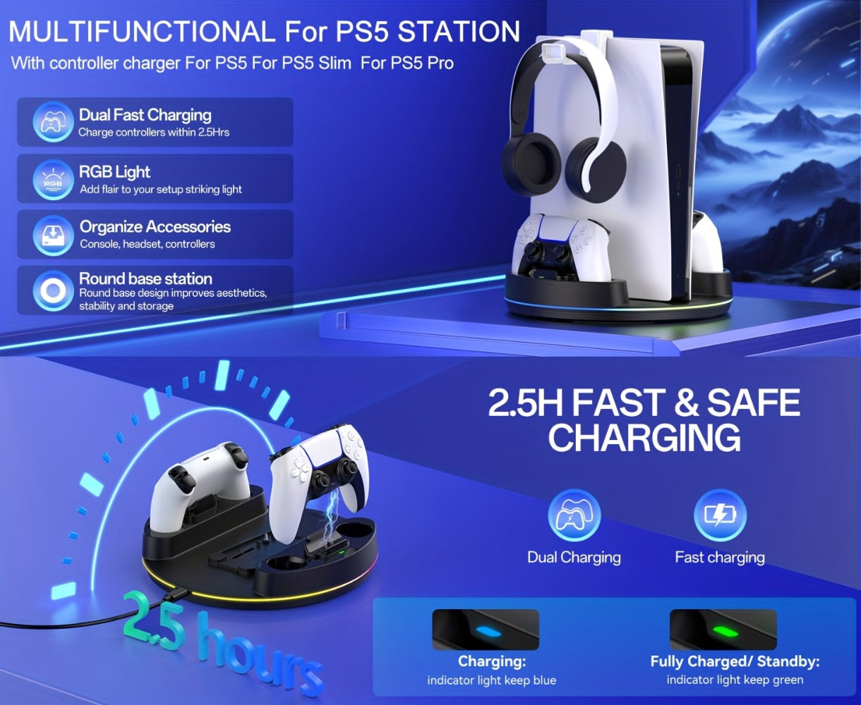 PS5 Charging Station with RGB Light Stand for PS5 Slim PS5 Pro - Fast Dual Controller Charger Compatible with All PlayStation 5 Console Models