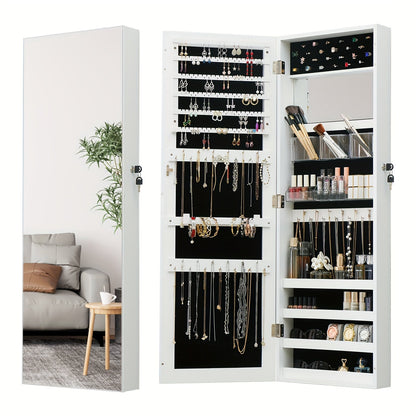Full Length Mirror Jewelry Armoire Cabinet, 2-in-1 Lockable Over the Door Mirror with Jewelry Storage, Makeup Organizer with Baskets Bins & Hooks, Bedroom Vanity Jewelry Cabinet in Black White Brown