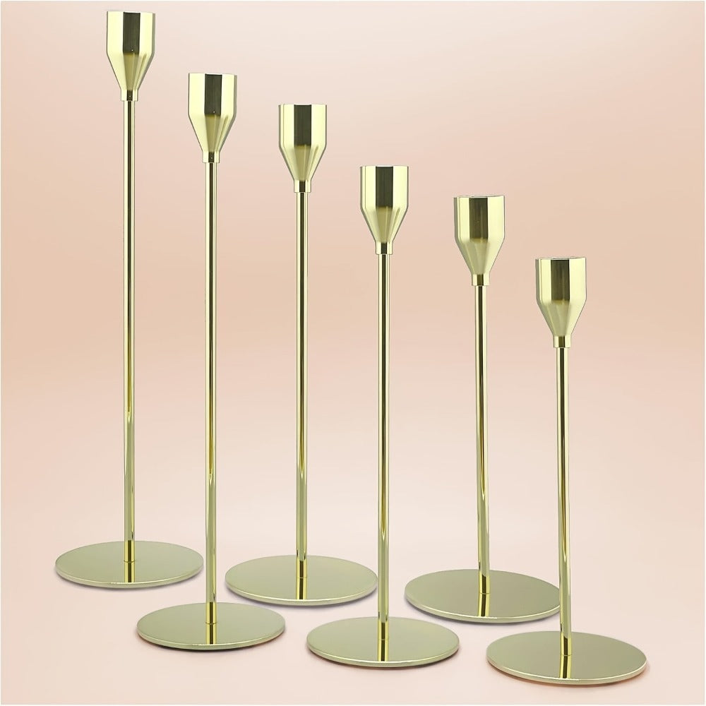 Metal Taper Candle Holder Set of Six with 23cm, 28cm and 33cm Graduated Stems in Gold, Rose Gold or Black