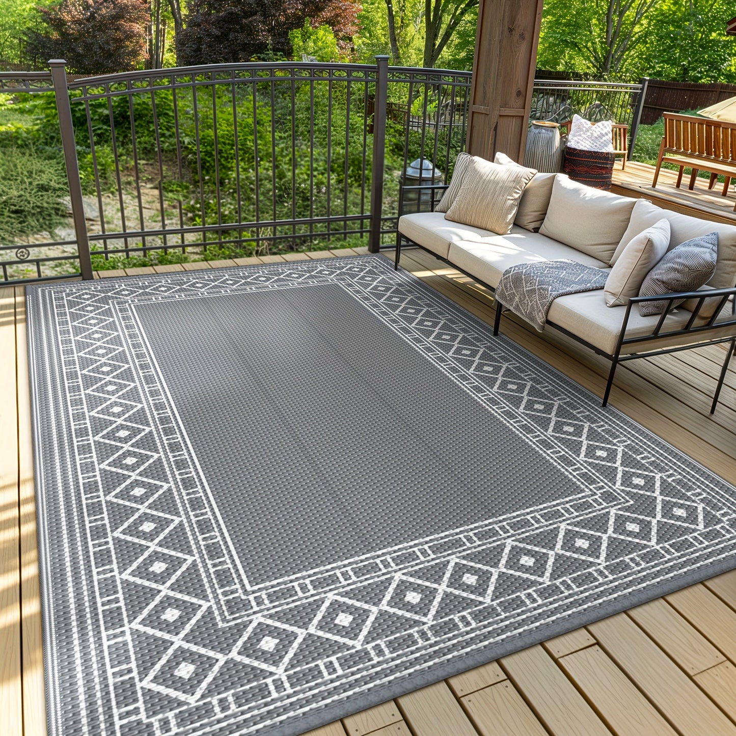 Reversible Outdoor Rug in Multiple Geometric, Border and Leaf Patterns with Displayed Sizes from 5 x 8 to 9 x 12 Feet