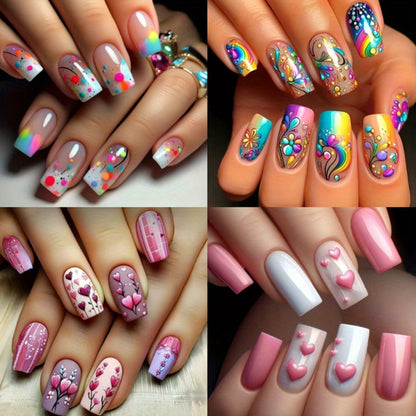 Almond Press On Nails 96 Pieces 4 Packs Sparkling Hearts Glitter Full Cover False Nails for Women Girls – Jelly Adhesive Tabs & Nail File Included | Valentine's Day Romantic Nail Art Kit