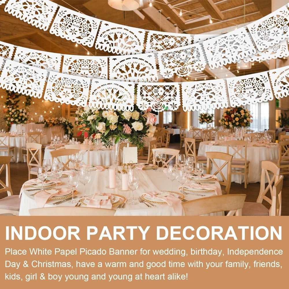 Party Decorations Five-Pack White Papel Picado Banner Set with Four Cutout Designs and 90ft Total Length