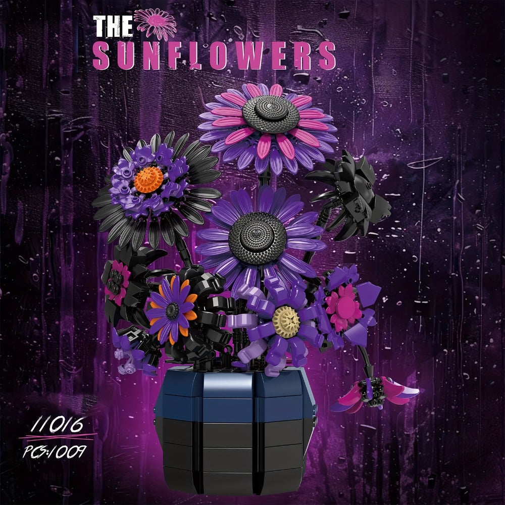 Sunflower Bouquet Building Block Set with Purple Art-Inspired Flower Design for Adult Home or Desk Display