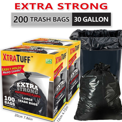 30 Gallon Trash Bags 200 Count – Black Large Garbage Bags, Ultra Strong Leak-Proof, 113.5L Heavy Duty Bags for Kitchen, Industrial, Garden & Commercial Use, 4 Rolls / 2 Boxes Value Pack