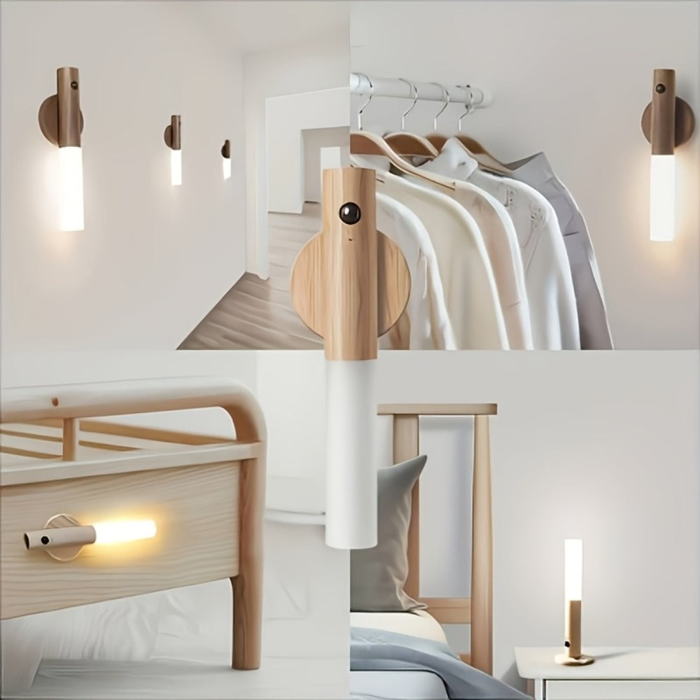 Motion Night Light Rechargeable LED – IPX4 Waterproof Wood Grain & Walnut Under Cabinet Step Lamp for Staircase, Hallway, Wardrobe, Closet & Indoor Walls (2 or 4 Pack)