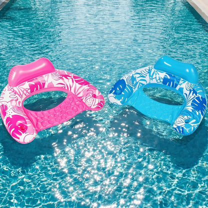 Leaf Print Inflatable Pool Chair Pair with Cup Holders, Blue and Pink 49 x 35 Inch Seats for Adult Lounging