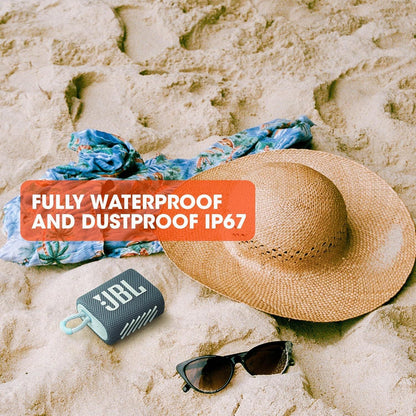 JBL Go 3 IP67 Waterproof Portable Bluetooth Speaker, Big Audio & Punchy Bass, 5-Hour Playtime, USB-C Fast Charge, Rugged Fabric Design with Carry Loop for Outdoor Travel Beach Shower