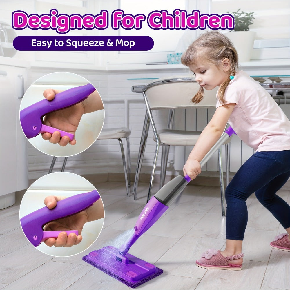Purple Pretend Play Spray Mop Set with 29-Inch Sectional Handle, Squeeze Trigger and Two Mop Pads
