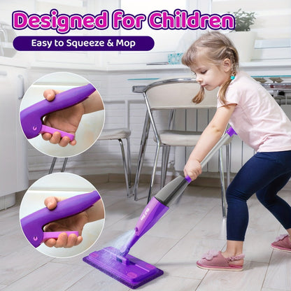 Purple Pretend Play Spray Mop Set with 29-Inch Sectional Handle, Squeeze Trigger and Two Mop Pads