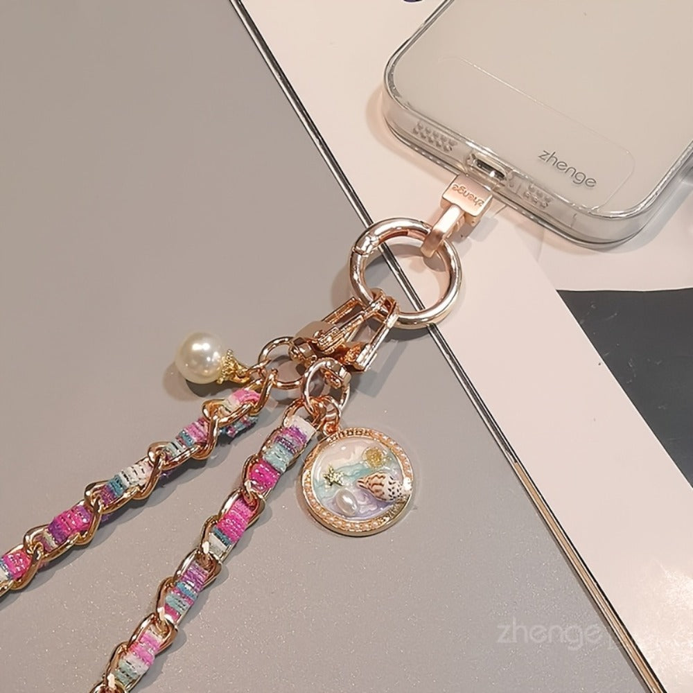 Purple Rose Pattern Phone Crossbody Chain Lanyard with Round Disc Charm and Pictured 65 cm Length