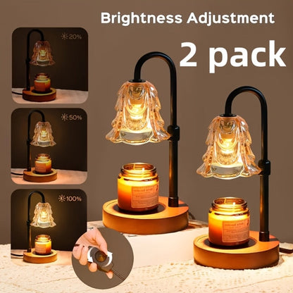 Two-Pack Gold Candle Warmer Lamps with Fluted Glass Shades, Wood-Look Bases and Adjustable 10.6–35 cm Posts