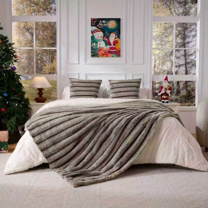 Double-Layer Faux Rabbit Fleece Blanket in Grey, Khaki or Beige with Five Sizes from Small Throw to King