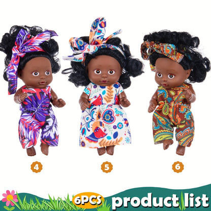 Mini Baby Doll Six-Piece Set with Dark Skin Tones, 4.53-Inch Dolls, Curly Hair and Patterned Outfits